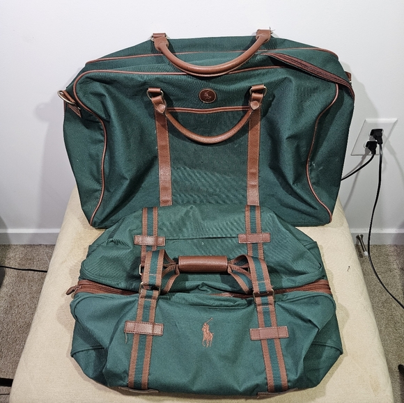 Lot of 2 Vintage Polo Ralph Lauren Green & Brown Travel Duffel Bags! - Picture 1 of 8